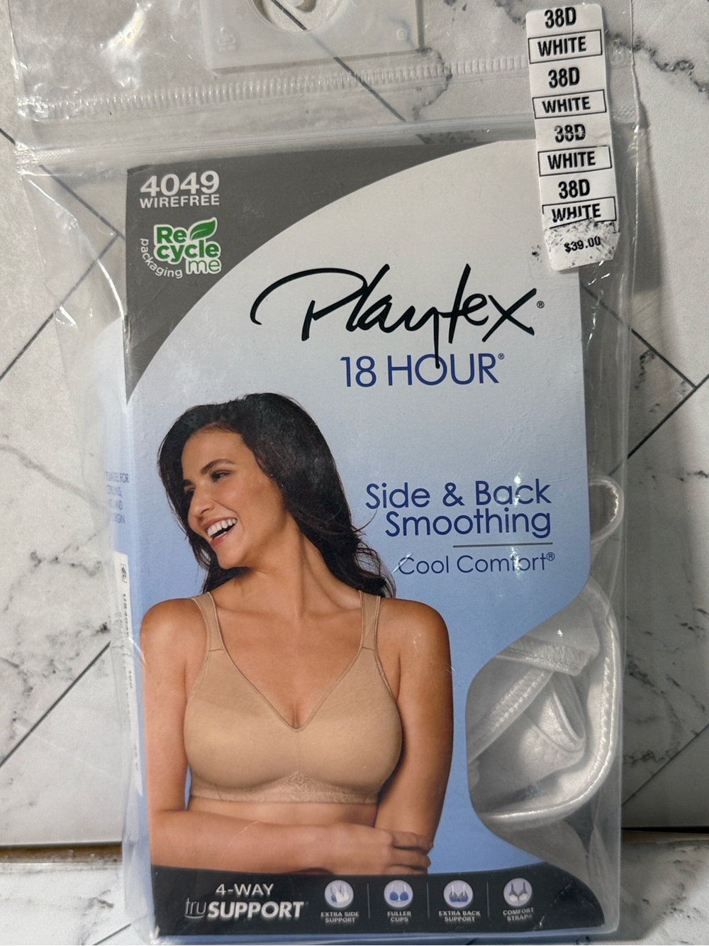 NWT Playtex 18 Hour Side & Back Smoothing Wirefree Bra White 38D